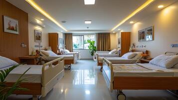 A modern hospital room with multiple beds and natural light, designed for patient care. photo