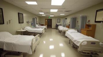 A clean, empty hospital room with multiple beds, designed for patient care and recovery. photo