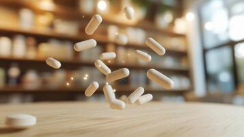 A dynamic display of white capsules in mid-air, suggesting health and wellness. photo