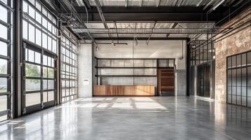 Modern open space with large windows and a wooden reception area. photo