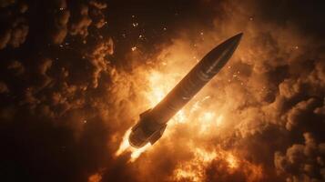 A missile launching amidst an explosion, symbolizing military power and technology. photo