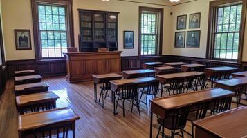 A historic classroom setting with wooden desks and a teacher's desk. photo