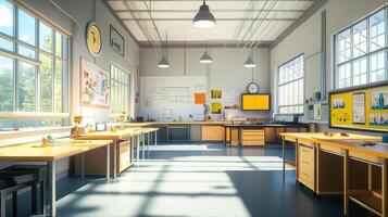 A bright and organized classroom with tables, windows, and educational materials. photo