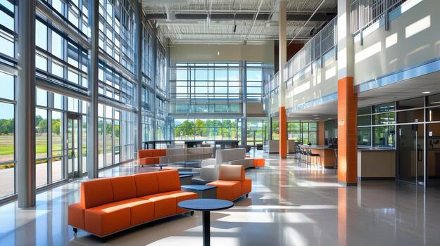 Modern interior of a spacious, well-lit lobby with orange seating and large windows. photo