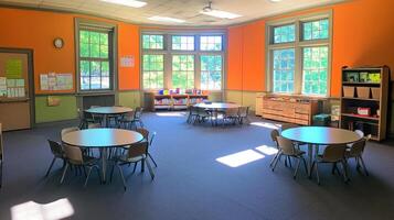 A bright classroom with tables and chairs, designed for learning and activities. photo