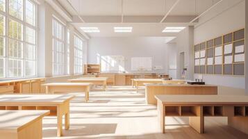 Bright and spacious classroom with wooden tables and ample natural light. photo