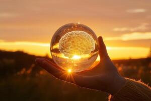A hand holds a glass sphere with a brain illustration against a sunset backdrop. photo