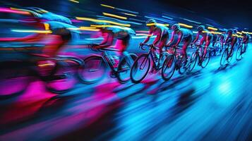 A dynamic night scene of cyclists racing, illuminated by vibrant lights and motion blur. photo