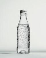 A clear glass bottle filled with sparkling water, showcasing bubbles and a metallic cap photo