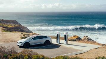 A car parked near the ocean with charging stations and waves in the background photo