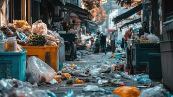 A cluttered alleyway filled with trash and debris, highlighting environmental issues. photo