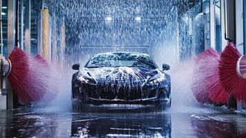 A car being washed in an automated car wash with soap and water spraying everywhere. photo