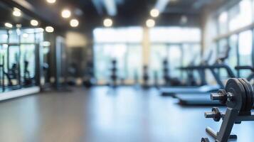 A blurred view of a modern gym with weights and exercise equipment. photo