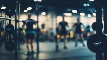 A blurred view of a gym with people exercising and weights in focus. photo