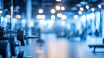 A blurred view of a gym with weights and fitness equipment in a modern setting photo