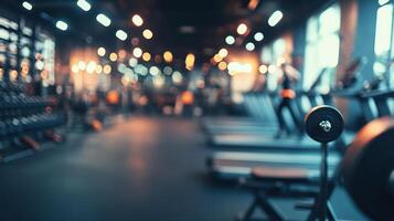 A blurred gym interior showcasing fitness equipment and weights for exercise. photo