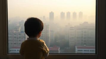 A child gazes out a foggy window at a city skyline, evoking curiosity and contemplation. photo