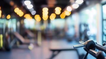 A blurred view of a gym interior with fitness equipment and warm lighting. photo