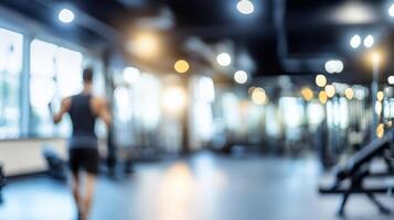 A blurred image of a gym with a person jogging, emphasizing fitness and exercise. photo