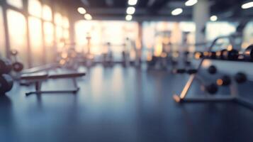 A blurred image of a gym interior with workout equipment and natural light. photo