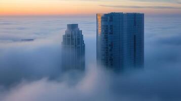 Two skyscrapers rise above a sea of fog during sunset, creating a dramatic urban landscape. photo