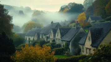 Serene village scene shrouded in morning mist, showcasing quaint houses amid autumn foliage. photo
