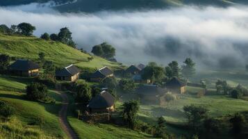 Serene village landscape shrouded in morning mist, showcasing traditional huts and lush greenery. photo