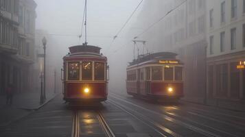Two vintage trams navigate a foggy street, creating a nostalgic urban scene photo