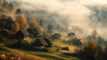 Serene village landscape shrouded in morning mist with rustic houses and autumn foliage photo