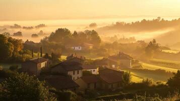 Serene sunrise over a misty village, highlighting tranquil rural life. photo