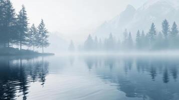 Serene misty landscape with mountains and calm water reflecting trees. photo