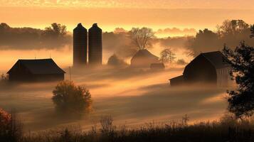Serene farm landscape at dawn with silos and mist enveloping the fields. photo