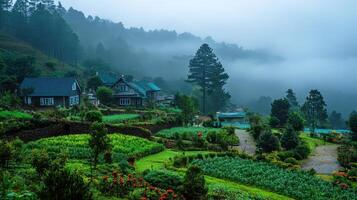 Serene hillside landscape with mist, homes, and lush greenery. photo
