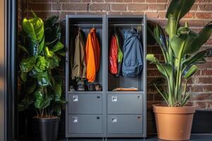 Modern storage lockers with clothing and plants in a stylish environment. photo