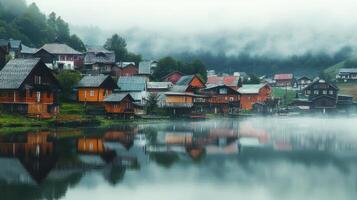 Serene lakeside village with wooden houses reflected in calm water amidst misty hills. photo