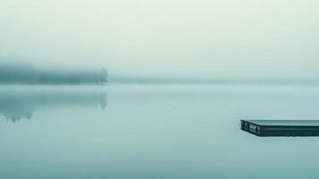 A serene foggy lake scene with a calm dock, reflecting tranquility and nature's beauty. photo