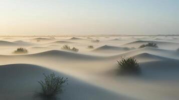A serene desert landscape with soft dunes and sparse vegetation under a hazy sky. photo