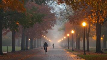A serene foggy path lined with trees and streetlights, featuring cyclists enjoying the autumn scenery. photo