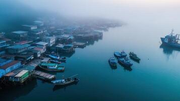 A serene coastal village shrouded in fog, with boats docked in calm waters. photo