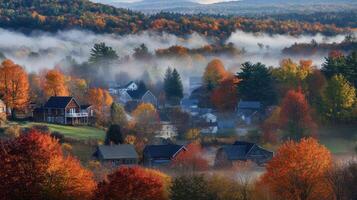 A serene autumn landscape with colorful foliage and misty hills. photo