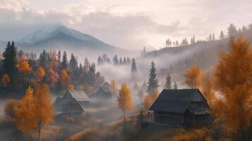 A serene autumn landscape with misty mountains and rustic houses surrounded by colorful trees. photo