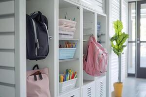A school locker area with backpacks, storage bins, and colorful stationery. photo