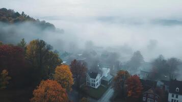 A serene autumn landscape shrouded in fog, showcasing colorful foliage and tranquil homes. photo