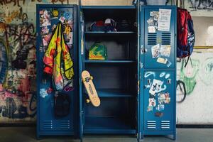 A row of blue lockers adorned with stickers, showcasing personal items and a skateboard. photo