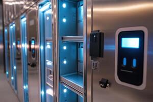 A row of illuminated lockers with a digital interface for secure storage photo