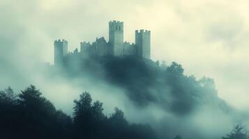 A mysterious castle shrouded in fog atop a hill, evoking a sense of intrigue and history photo