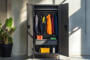 A modern wardrobe displaying colorful jackets and organized storage photo