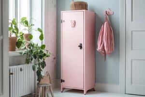 A pastel pink wardrobe in a cozy room with plants and a hanging coat. photo