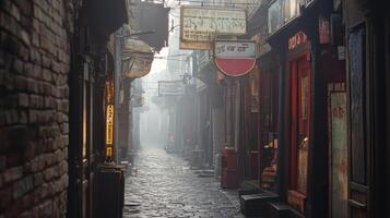A narrow, foggy alleyway with vintage signs and a quiet, atmospheric ambiance photo