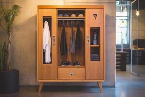 A modern wooden locker with clothing and accessories, designed for personal storage photo